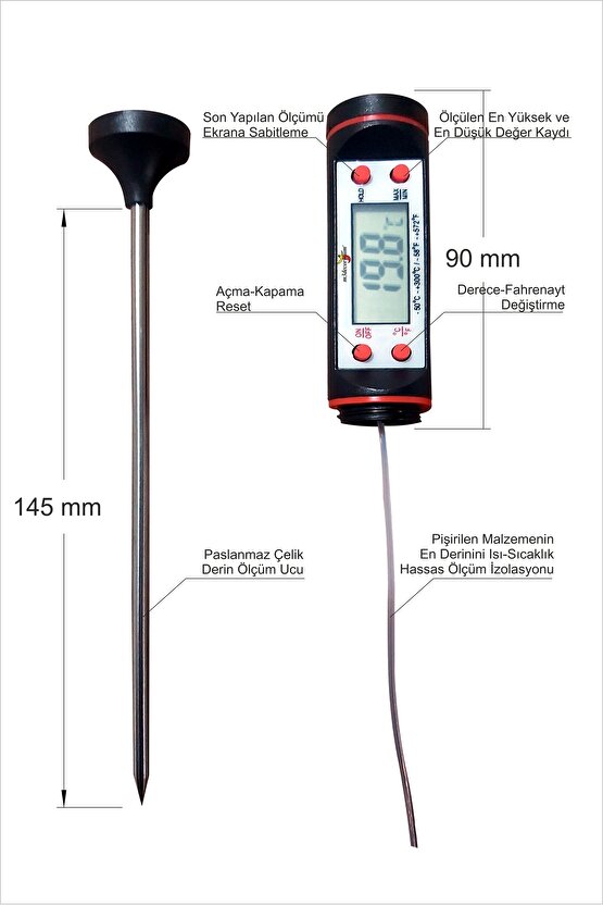 Kalın Biftek Bonfile Antrikot Et Eti Süt Gıda Tavuk Hamur Içi Ölçme Termometresi Isı Sıcaklık Ölçer