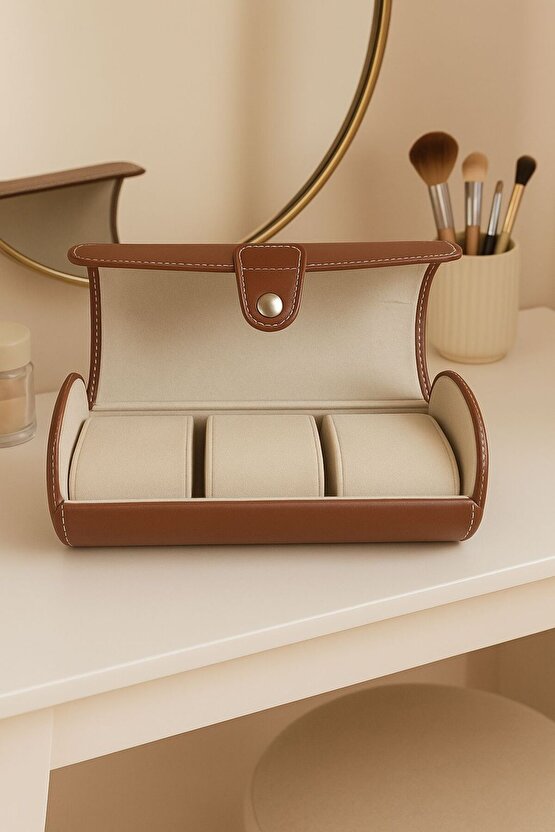 Kahverengi Deri 3’lü Saat Kutusu 19x9 cm