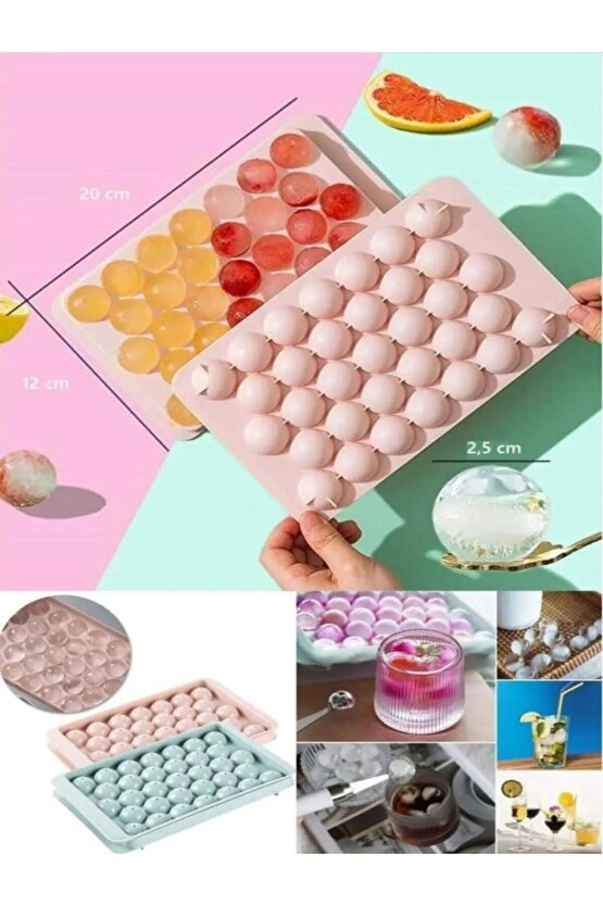 2.5 cm Çap Yuvarlak Buz Küpü Yapma Tepsisi 33 Bölmeli Küre Top Buz Kalıbı Küplü Buzluk 20x12 cm