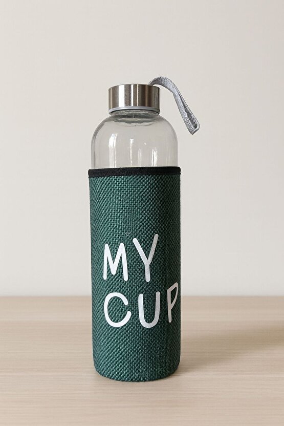 Cam Matara 750 ml Yeşil Kumaş Kılıflı Taşınabilir Su Şişesi