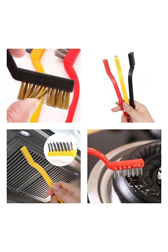 3 Parça Tel Fırça Detaylı Temizlik Seti Mutfak fırın davlumbaz yağ çıkarma lavabo köşe temizleyici
