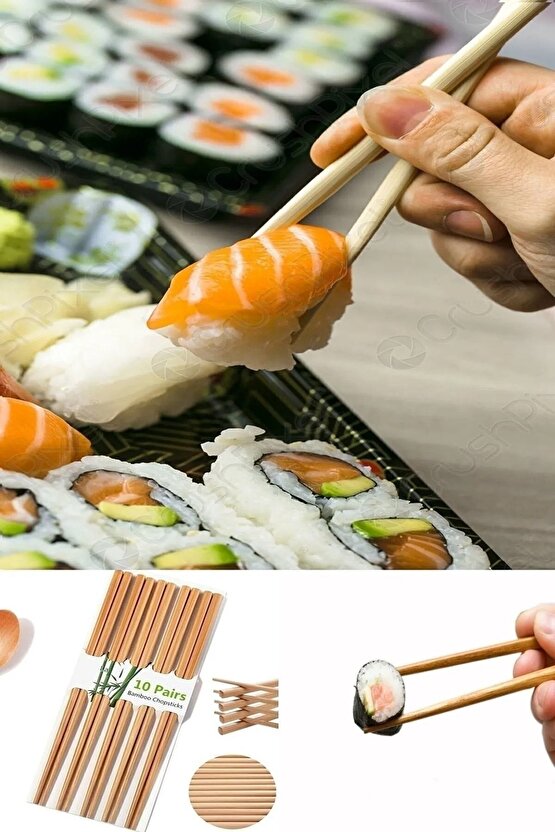 10 Çift - 20 Adet Yıkanabilir Organik Bambu Çin Kore Japon Uzakdoğu Yemek Çubuğu Chopstick