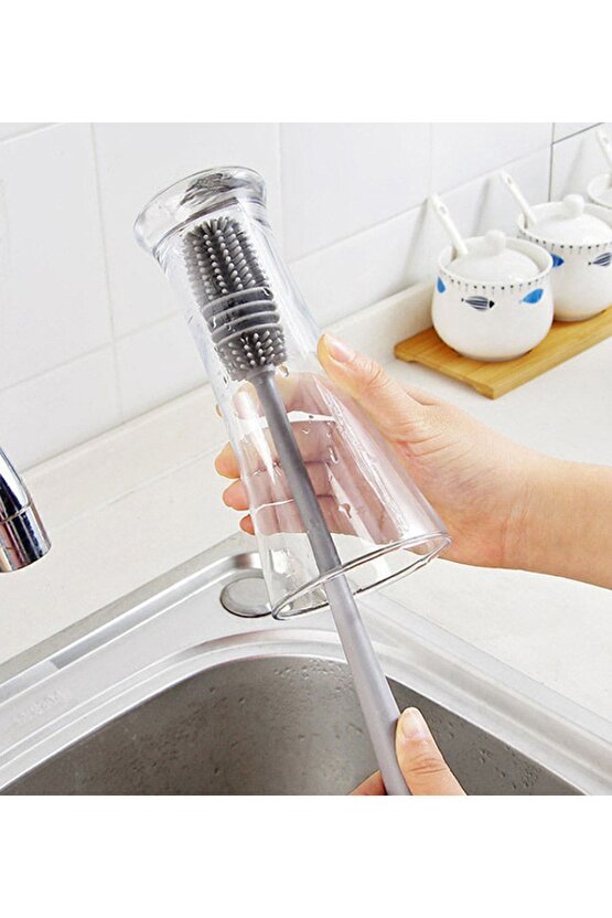 Uzun Saplı Silikon Bardak Kavanoz ve Biberon Yıkama Fırçası