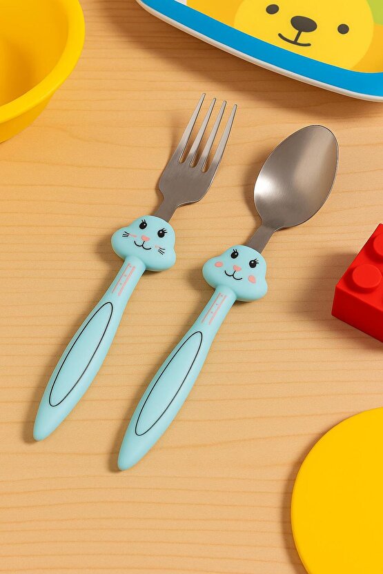 MAVİ Tavşan Figürlü Çocuk Çatal Kaşık Seti Paslanmaz Çelik Bebek Çattal Kaşık Set