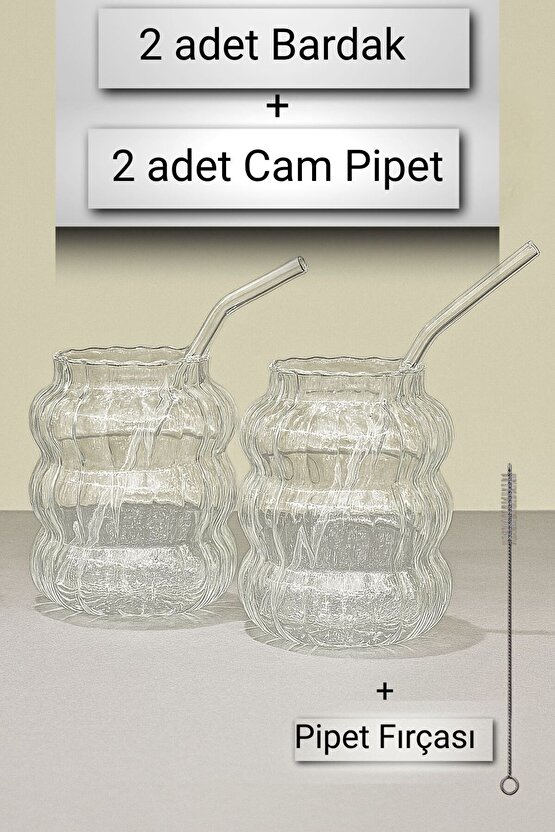 500 ml 2 Adet Dalgalı Cam Bardak Seti + 2 Adet Cam Pipet ve Pipet Fırçası