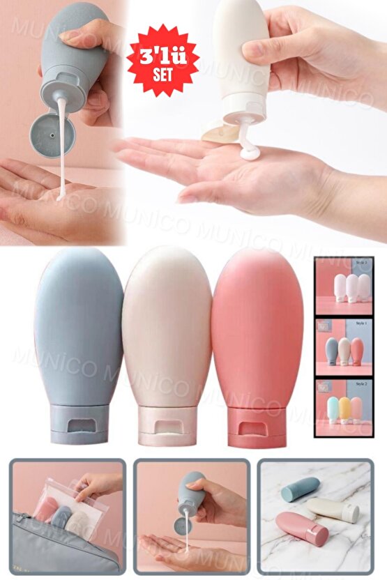 Sızdırmaz Krem ve Şampuan Kapları Seyahat İçin 3 Adet 60 ML Şişe Seti Tatil İçin İdeal Boy Şişeler