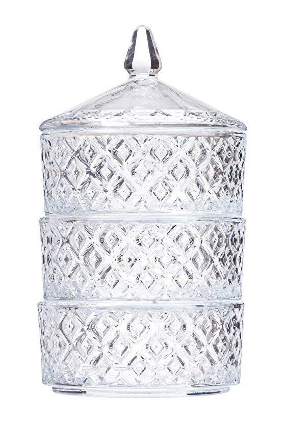 Kapaklı Katlı Kristal Şekerlik 3 Katlı Cam Kurabiyelik