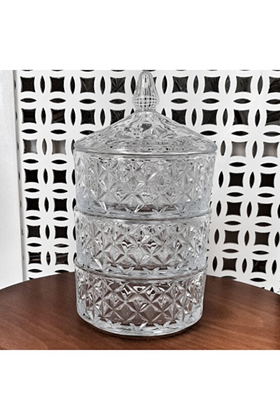 Kristal Görünümlü Cam Kurabiyelik 3 Katlı Lüx Baharatlık 12,5 Cm