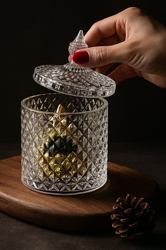 Desenli Cam Kapaklı Lüks Mumluk  Şekerlik 17x10