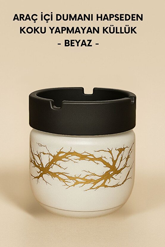 Cam Hazneli Koku Yapmayan Beyaz Küllük – Lüks Altın Desenli