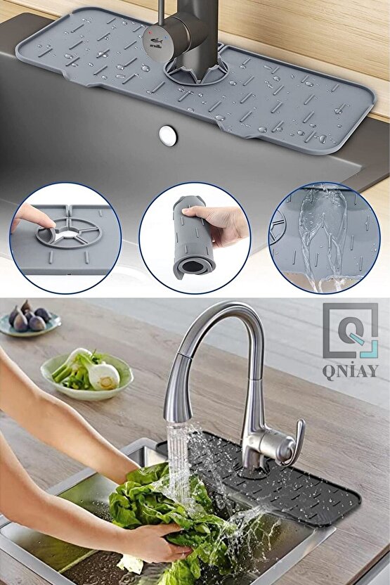 Pratik Musluk Lavabo Matı Gri Su Tutucu Musluk Matı Mutfak Banyo Için Koruyucu Bulaşık Süngeri Matı