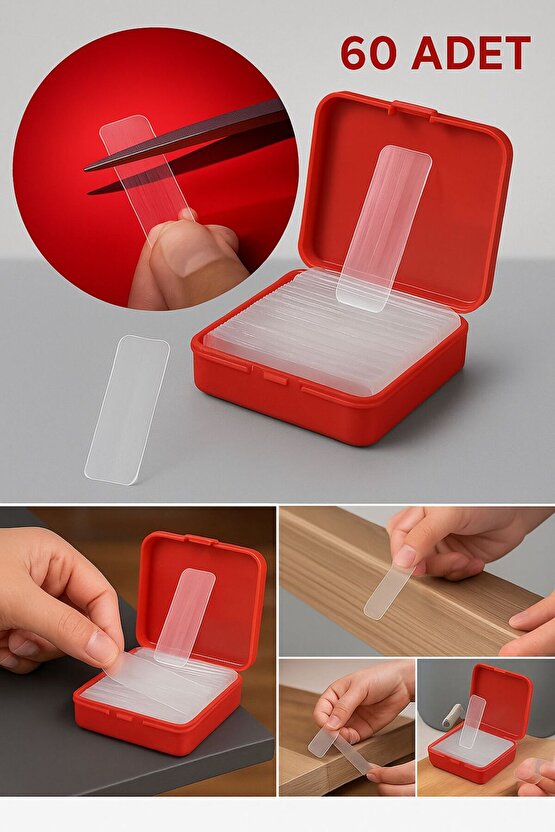 60 Adet Şeffaf Güçlü Çift Taraflı Nano Bant – İz Bırakmaz Yapışkan Sticker