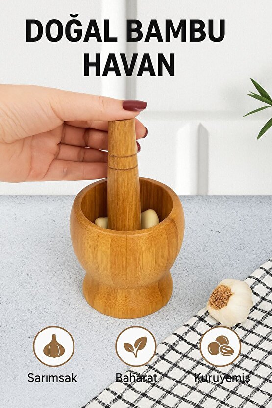 El Yapımı Ahşap Ağaç Havan Sarımsak Döveceği Doğal Bambu