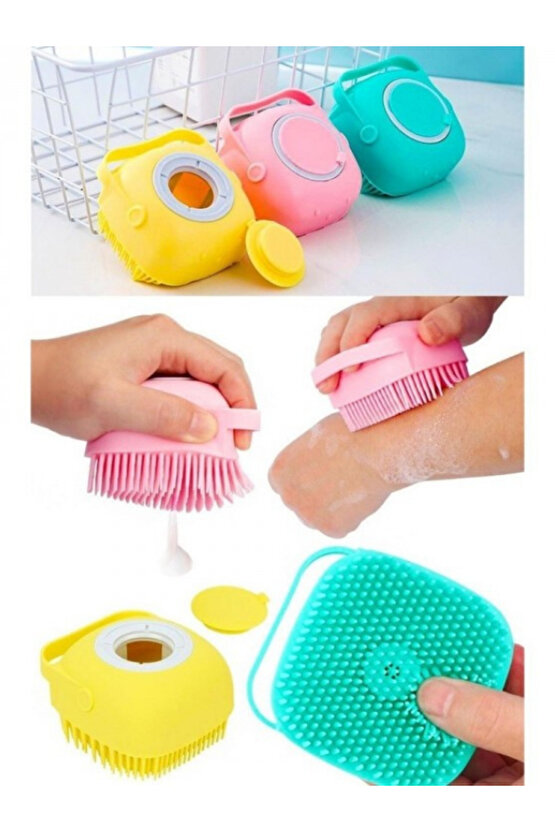 Duş Jeli Ve Şampuan Hazneli Silikon Fırça Kese Masaj Fonksiyonlu Vücut Temizleme Banyo Lifi