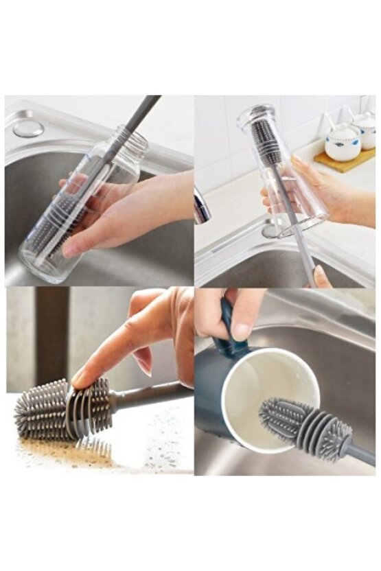 360 Derecelik Biberon Vazo Kavanoz Termos Temizleme Fırçası (3 Adet) Gri