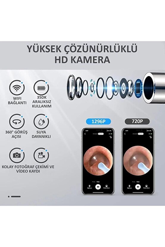 Kablosuz Hd Kameralı Kulak Temizleme Seti 360° açı 1296P Wifi Bağlantılı IOS ve Android Uyumlu