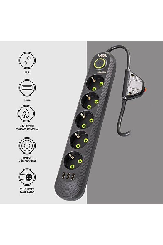 GLDRK 5Lİ 1.5 METRE KABLOLU 3 USBLİ SİYAH AKIM KORUMALI PRİZ BAKIR KABLO HARİCİ GÜÇ ANAHTA