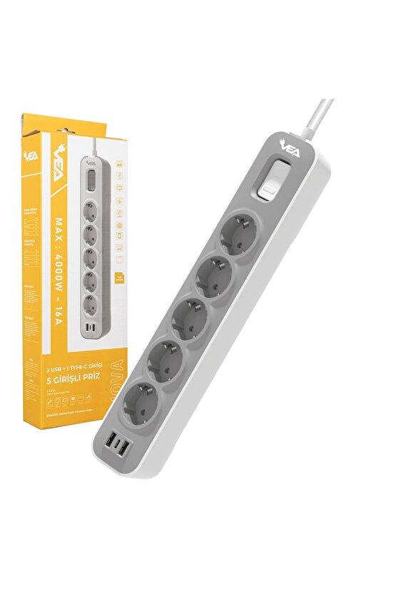 Ve-nova105u A Class 5li 2 Usbli Anahtarlı 1.5 Metre Akım Korumalı Grup Priz (MADE IN MALAYSIA) (4887