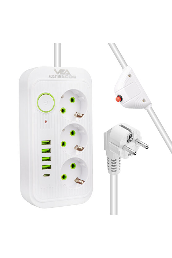 3lü 1.5 Metre Beyaz 4 Usb 1 Typ-c Şarjlı Uzatma Akım Korumalı Priz