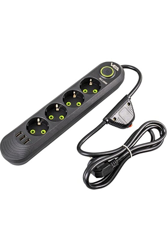 daliashop VA-21559 4lü 1.5 Metre Kablolu 3 Usbli Siyah Akım Korumalı Priz NewDesing 542167