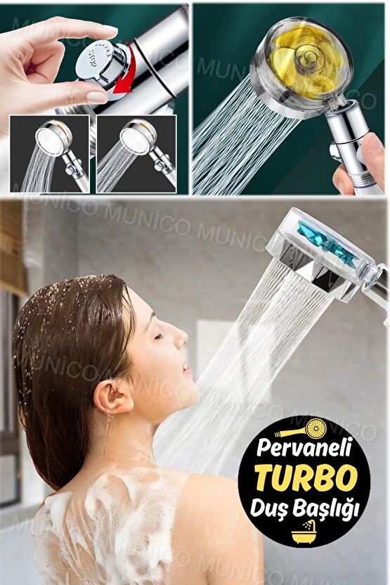 Turbo Pervaneli ve Filtreli Su Tasarruflu 360 Derece Dönebilen Tazyikli Duş Başlığı Bataryası