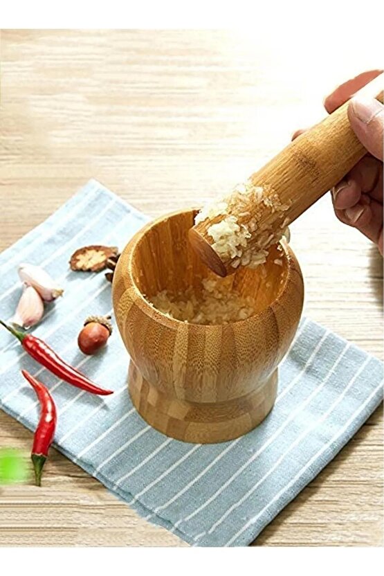 Doğal Bambu Ahşap Sarımsak Ezeceği Havan Orta Boy Bambu Ahşap Sarımsak Ezeceği