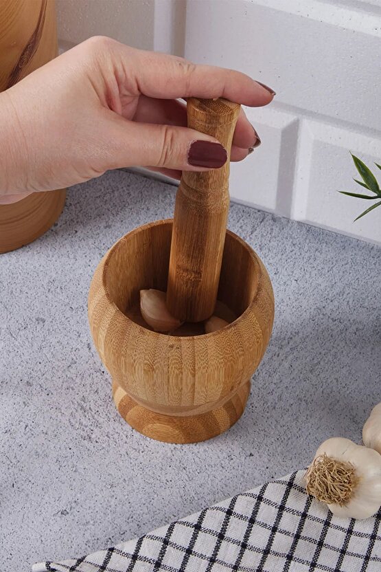 Doğal Bambu Ahşap Sarımsak Ezeceği Havan Orta Boy
