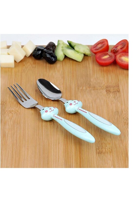 Figürlü Lüks Çelik Mama Çatal Kaşık Seti Yeşil