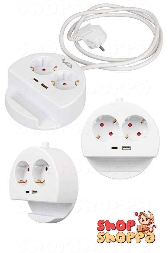 2li Telefon Standlı Çoklu Grup Priz, 1xUSB 1xTYPE-C Girişli, 1.5 mt Kablolu, 3680W 16A