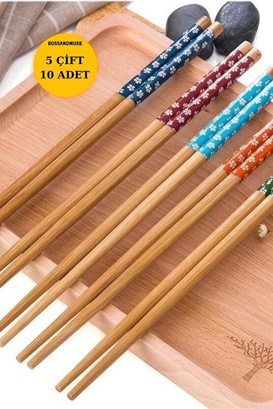 1. Kalite Bambu Çubuklar - Çiçek Desenli, 5 Çift (10 ADET) Çin Yemek Çubuğı Chopstick