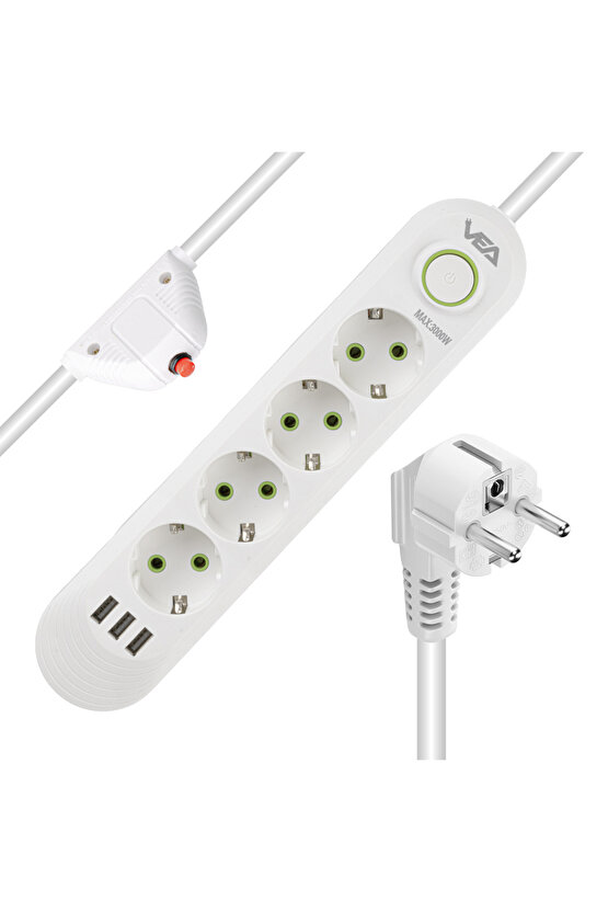 4 LÜ TOPRAK + 3 USB GİRİŞ 1.5 METRE KABLOLU  BEYAZ Çocuk Korumalı Priz AXE3Q-11