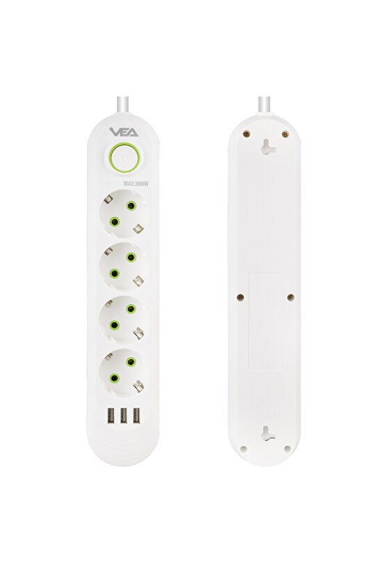 4 LÜ TOPRAK + 3 USB GİRİŞ 1.5 METRE KABLOLU  BEYAZ Çocuk Korumalı Priz AXE3Q-11