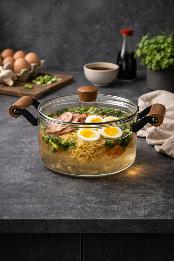 Akasya Kapaklı Cam Tencere – Isıya Dayanıklı Borosilikat Cam, Şık ve Sağlıklı Pişirme