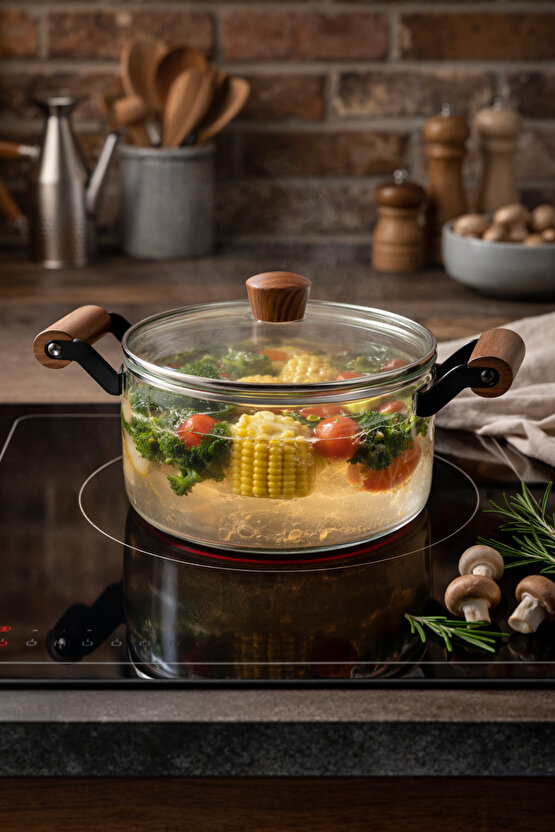 Akasya Kapaklı Cam Tencere – Isıya Dayanıklı Borosilikat Cam, Şık ve Sağlıklı Pişirme