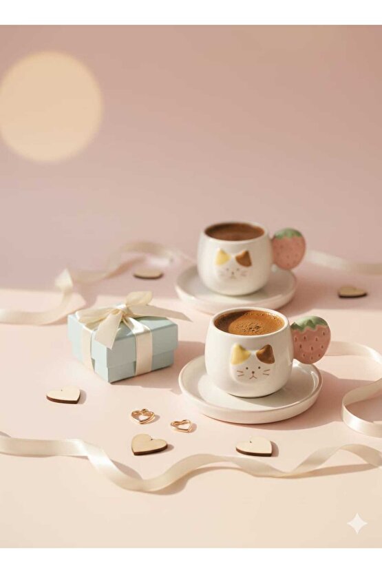 Kedi Figürlü 2’li Fincan Seti–Çilek Kulplu Seramik Kahve Fincanı Seti– Hediye Fincan Takımı