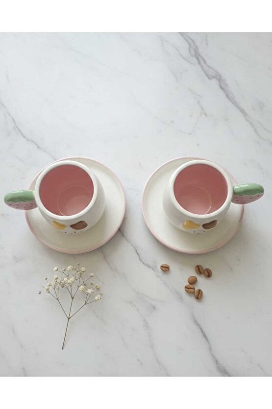 Kedi Figürlü 2’li Fincan Seti–Çilek Kulplu Seramik Kahve Fincanı Seti– Hediye Fincan Takımı