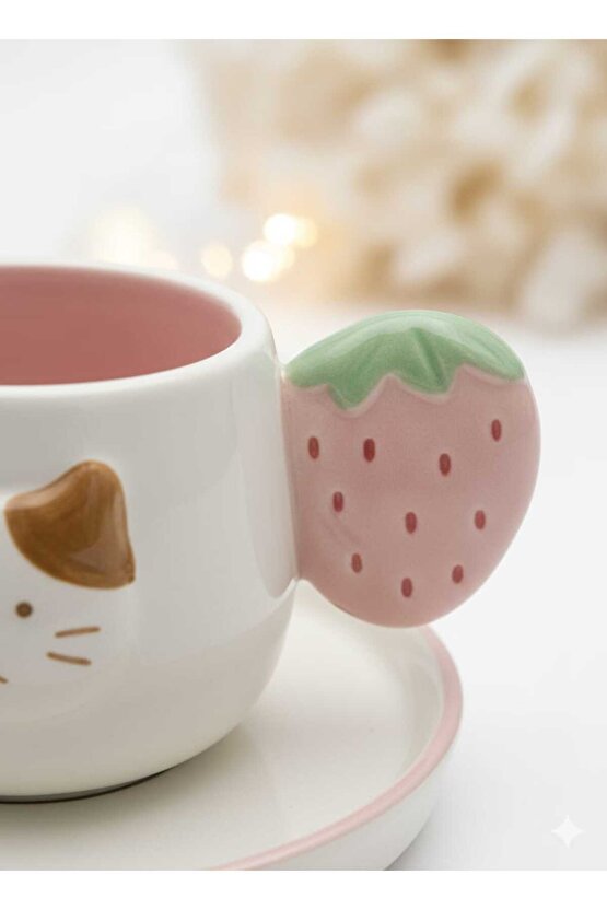 Kedi Figürlü 2’li Fincan Seti–Çilek Kulplu Seramik Kahve Fincanı Seti– Hediye Fincan Takımı
