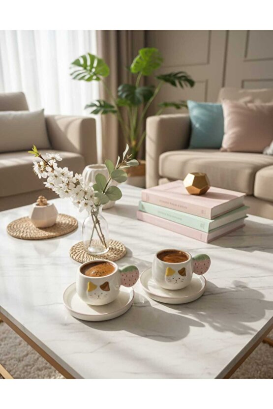 Kedi Figürlü 2’li Fincan Seti–Çilek Kulplu Seramik Kahve Fincanı Seti– Hediye Fincan Takımı