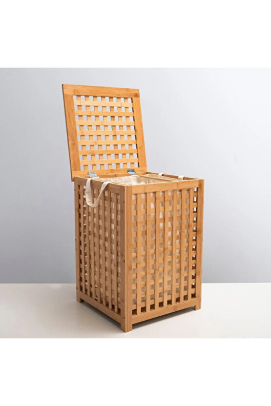 Büyük Boy Ahşap Bambu Kirli Sepeti 45x45x62