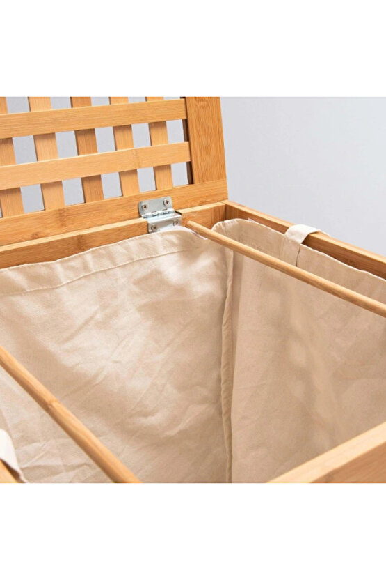 Büyük Boy Ahşap Bambu Kirli Sepeti 45x45x62