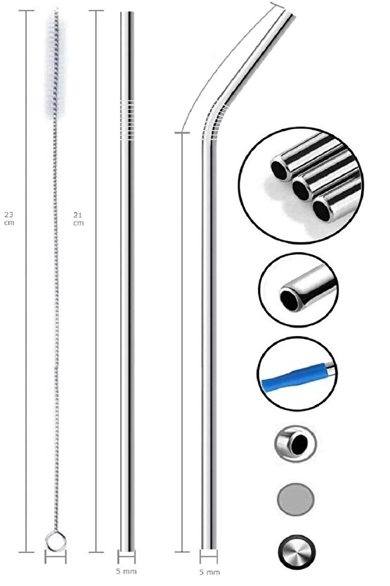 Paslanmaz Çelik Metal Meşrubat Pipeti Ve Pipet Temizleme Fırçası Seti 6 Parça