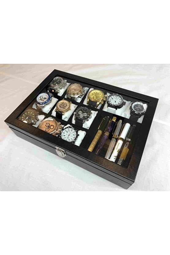 Siyah Deri Kaplı Cam Kapaklı Saat Takı Küpe Kolye Saklamak Için Dekoratif Kutu