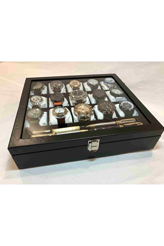 Yatak Odası Düzenleyici Dışı Siyah Içi Kadife 15 Farklı Gözlü Kolye Bileklik Takı Saat Kutusu