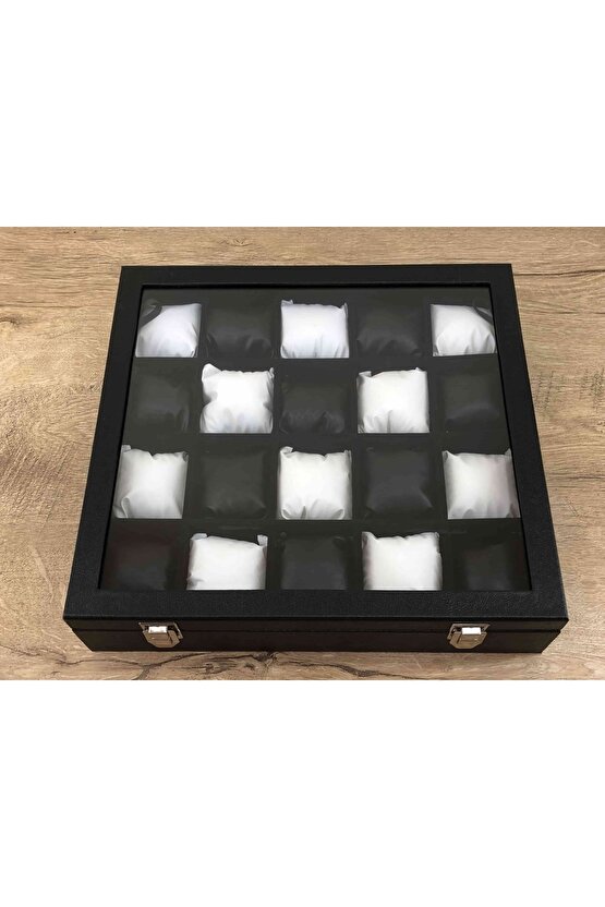Ahşap Üzeri Deri Kaplama İçi Kadife 20 Gözlü Siyah Beyaz Yastıklı Saat Kutusu