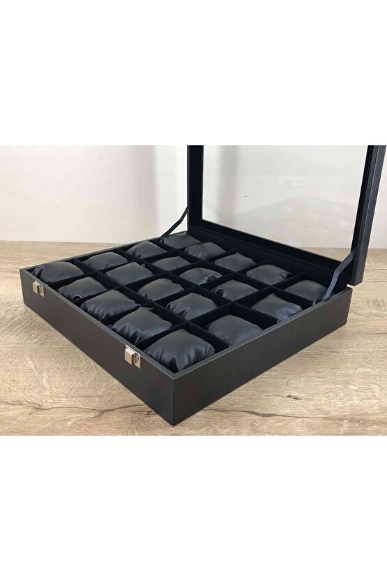 Hanımlara Özel 20 Kol Saati Alabilen Düzenleme Tertipleme Saat Kutusu Siyah Deri Kaplama