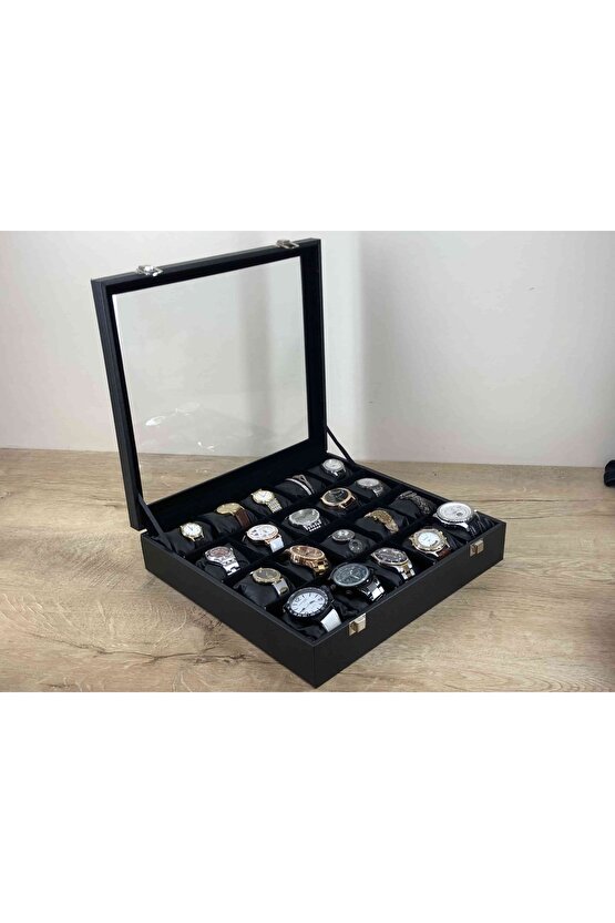 Hanımlara Özel 20 Kol Saati Alabilen Düzenleme Tertipleme Saat Kutusu Siyah Deri Kaplama