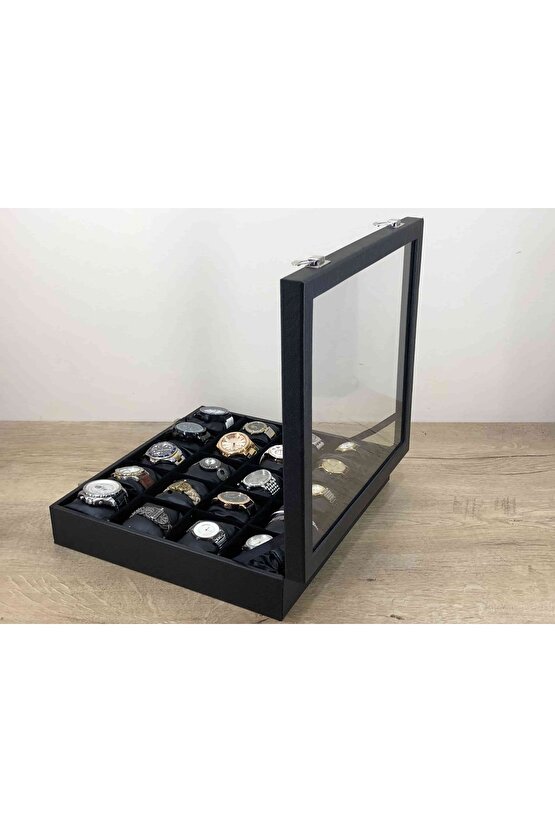 20li Üstü Camlı Deri Kaplı Büyük Boy Siyah Yastıklı Türk Malı Kol Saati Kutusu