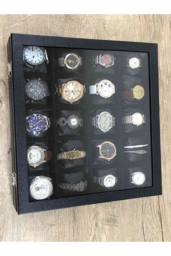20li Üstü Camlı Deri Kaplı Büyük Boy Siyah Yastıklı Türk Malı Kol Saati Kutusu