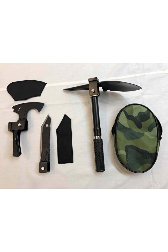 Süper Pratik Sökülüp Katlanan Minik Askeri Çelik Balta Çekiç Çapa Bıçak Testere Seti Haki Çantalı