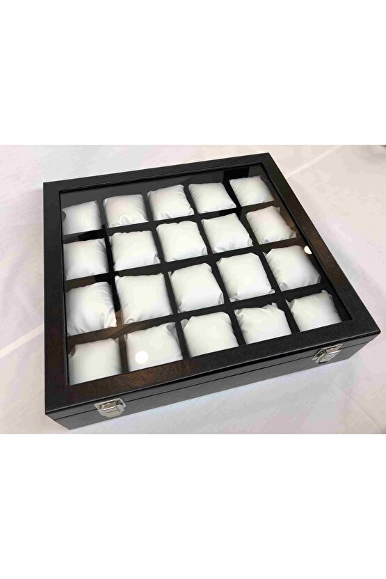 20 Bölme Görsel Cam Kapak Ahşap Iskelet Siyah Deri Kaplı Şık 20li Özel Kadın Saat Kutusu